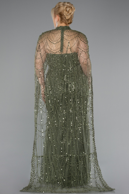 Long Olive Drab Beaded Plus Size Evening Gown ABU5010