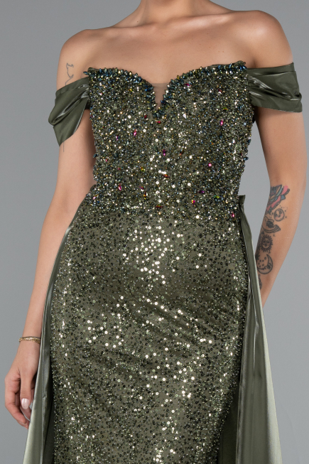 Long Olive Drab Beaded Evening Dress ABU5099