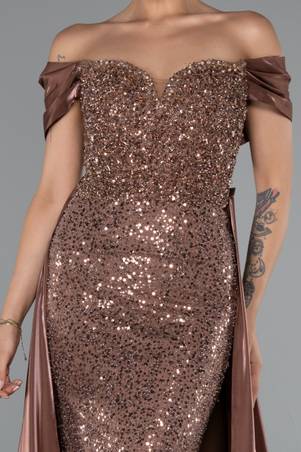 Long Brown Beaded Evening Dress ABU5099