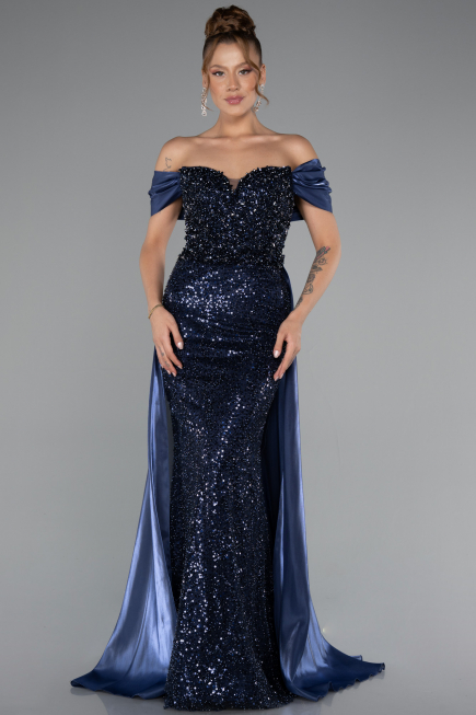Long Navy Blue Beaded Evening Dress ABU5099