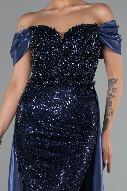 Long Navy Blue Beaded Evening Dress ABU5099
