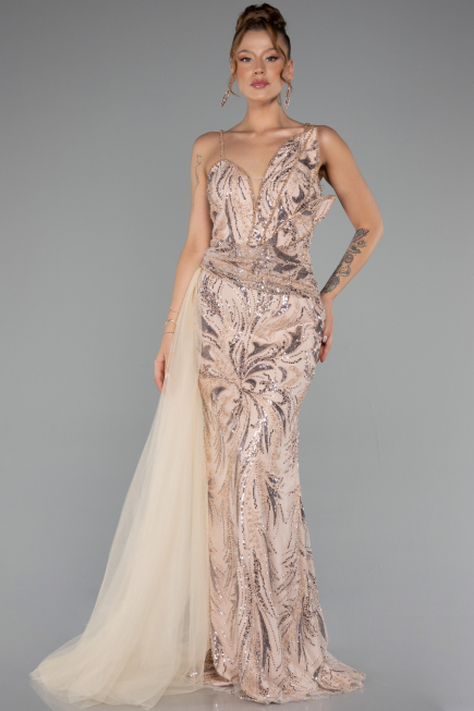 Gold Strappy Tail Long Beaded Special Design Evening Dress ABU5003