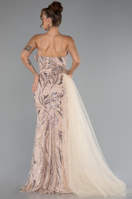 Gold Strappy Tail Long Beaded Special Design Evening Dress ABU5003