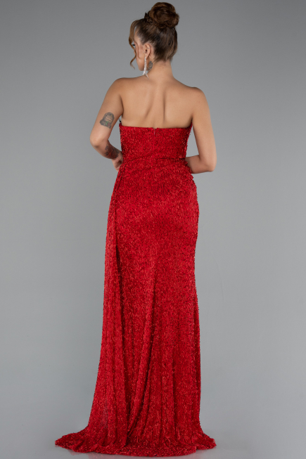 Red Strapless Beaded Slit Long Evening Gown ABU4871