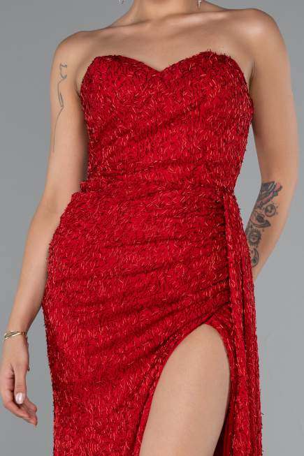Red Strapless Beaded Slit Long Evening Gown ABU4871