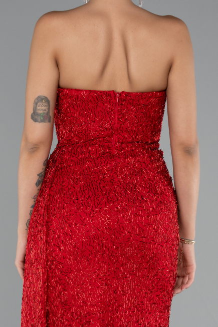 Red Strapless Beaded Slit Long Evening Gown ABU4871