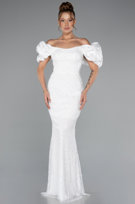 White Stoned Strapless Sleeve Accessories Long Mermaid Evening Gown ABU4509