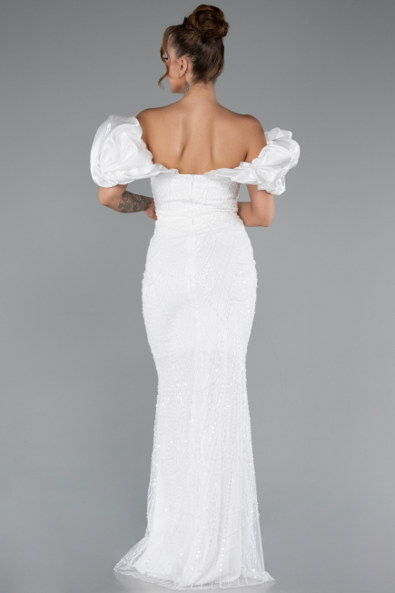 White Stoned Strapless Sleeve Accessories Long Mermaid Evening Gown ABU4509