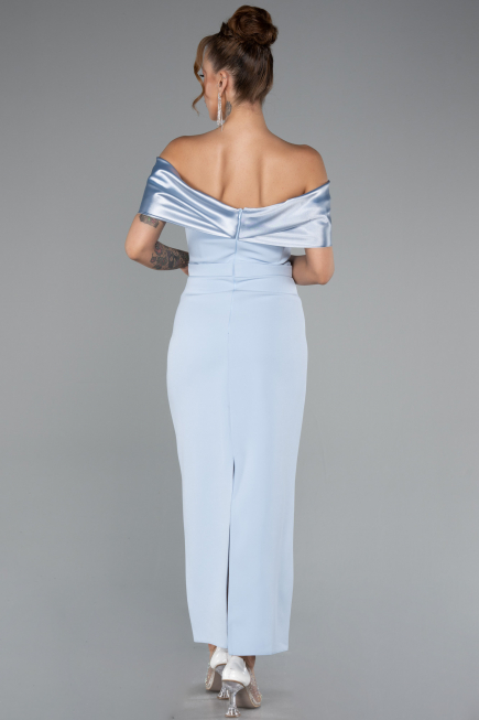Light Blue Satin Boat Neck Stone Midi Evening Dress ABK2212