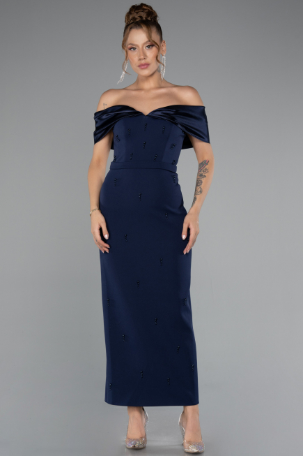Navy Blue Satin Boat Neck Stone Midi Evening Dress ABK2212