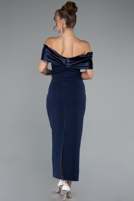 Navy Blue Satin Boat Neck Stone Midi Evening Dress ABK2212