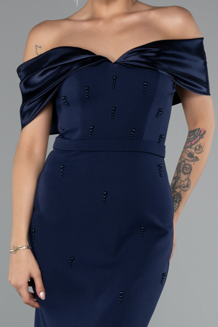 Navy Blue Satin Boat Neck Stone Midi Evening Dress ABK2212