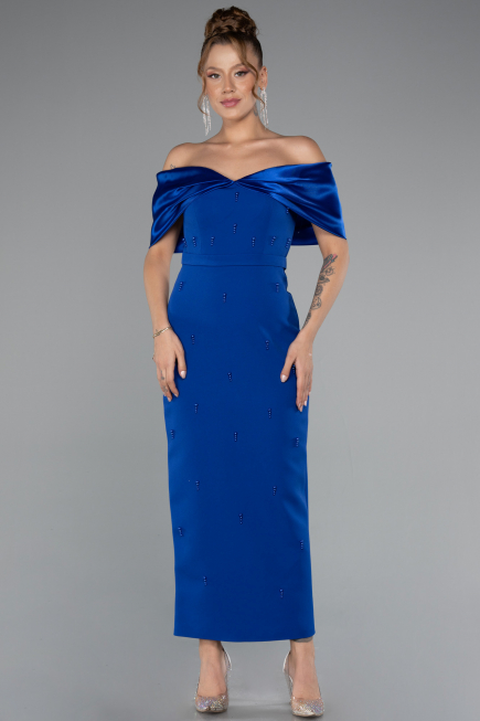 Sax Blue Satin Boat Neck Stone Midi Evening Dress ABK2212