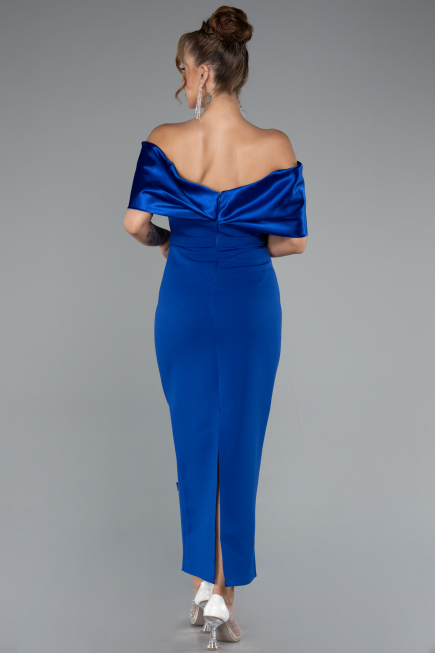 Sax Blue Satin Boat Neck Stone Midi Evening Dress ABK2212