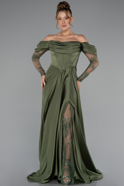 Olive Drab Long Satin Evening Dress ABU5054