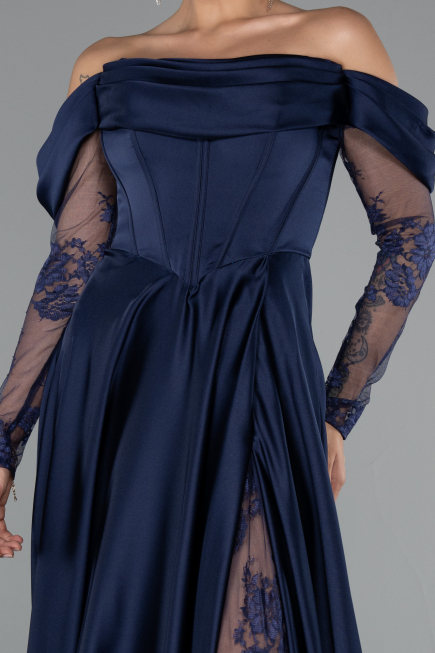 Navy Blue Long Satin Evening Dress ABU5054