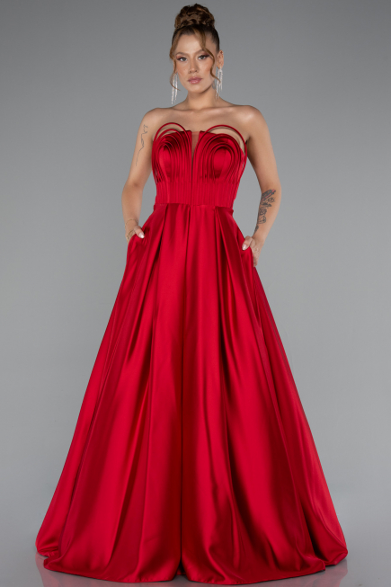 Long Red Satin Prom Gown ABU5105