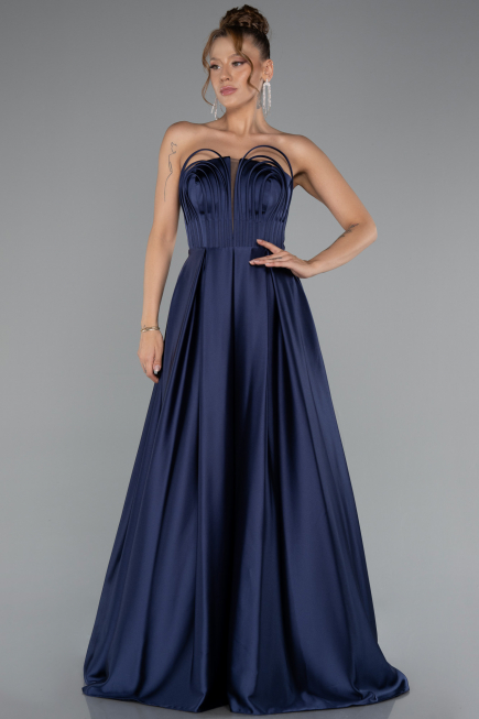Long Navy Blue Satin Prom Gown ABU5105