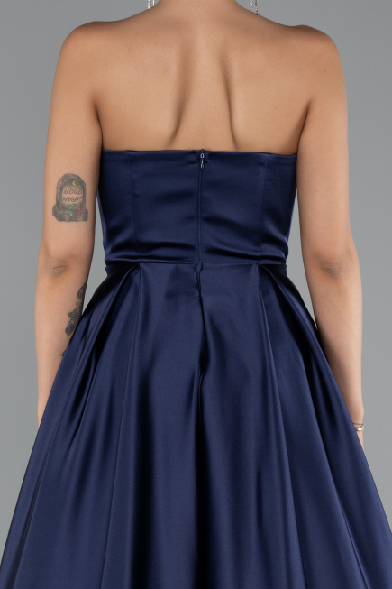 Long Navy Blue Satin Prom Gown ABU5105