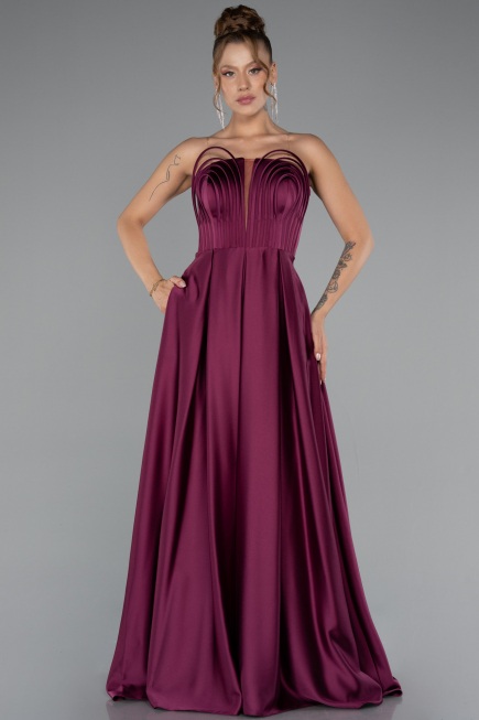 Long Cherry Colored Satin Prom Gown ABU5105