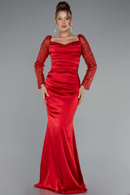Red Sequin Long Sleeves Tail Satin Mermaid Evening Gown ABU4332