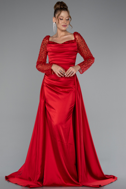 Red Sequin Long Sleeves Tail Satin Mermaid Evening Gown ABU4332