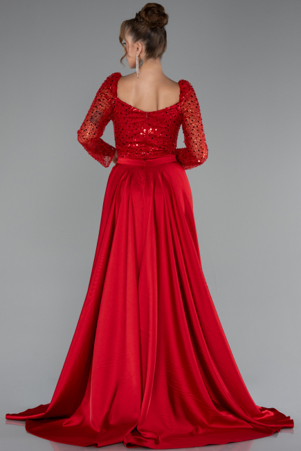 Red Sequin Long Sleeves Tail Satin Mermaid Evening Gown ABU4332