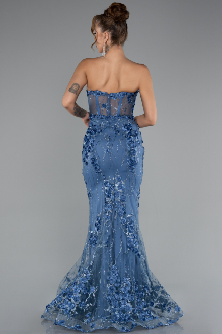 Indigo Strapless Three Dimensional Floral Long Mermaid Evening Gown ABU5116