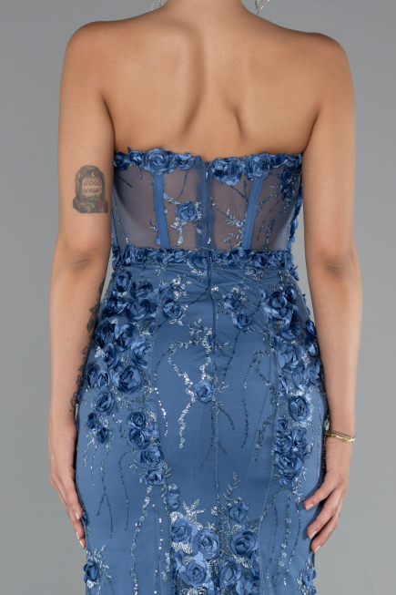 Indigo Strapless Three Dimensional Floral Long Mermaid Evening Gown ABU5116
