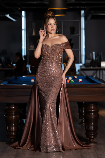 Long Brown Beaded Evening Dress ABU5099