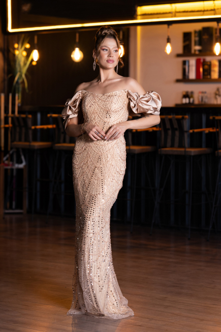 Gold Stone Strapless Sleeve Accessories Long Mermaid Evening Gown ABU4509