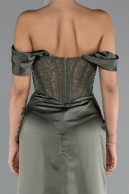Long Olive Drab Satin Evening Dress ABU5130