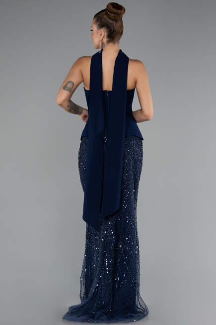 Long Navy Blue Beaded Evening Dress ABU5131