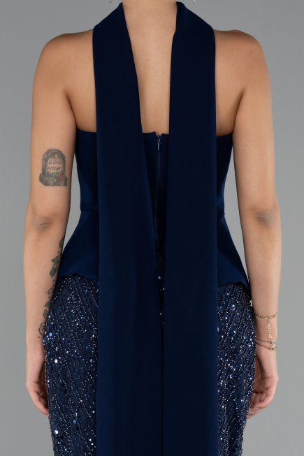 Long Navy Blue Beaded Evening Dress ABU5131