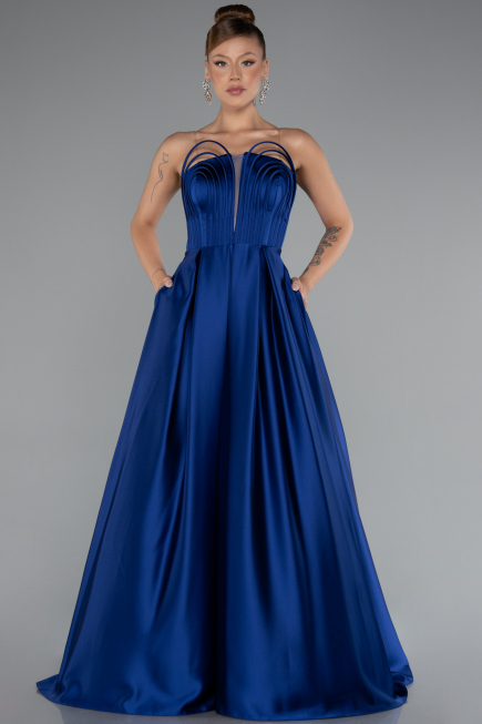 Long Sax Blue Satin Prom Gown ABU5105
