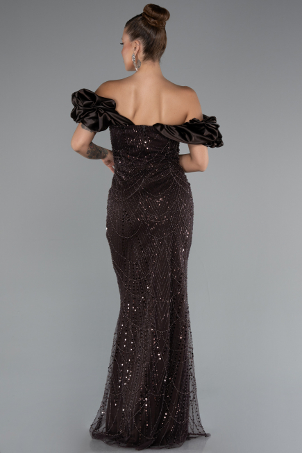 Dark Brown Stoned Strapless Sleeve Accessories Long Mermaid Evening Gown ABU4509