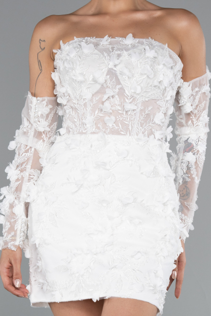 White 3D Floral Lace Detachable Sleeves Mini Wedding Dress ABG130