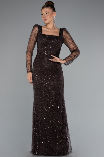 Dark Brown Long Sleeve Stone Embellished Satin Train Evening Dress ABU4603