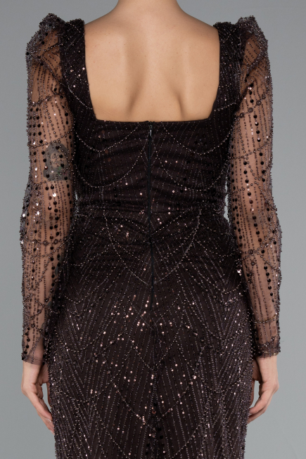 Dark Brown Long Sleeve Stone Embellished Satin Train Evening Dress ABU4603