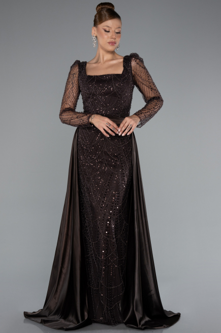 Dark Brown Long Sleeve Stone Embellished Satin Train Evening Dress ABU4603
