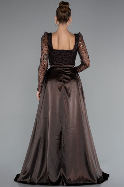 Dark Brown Long Sleeve Stone Embellished Satin Train Evening Dress ABU4603