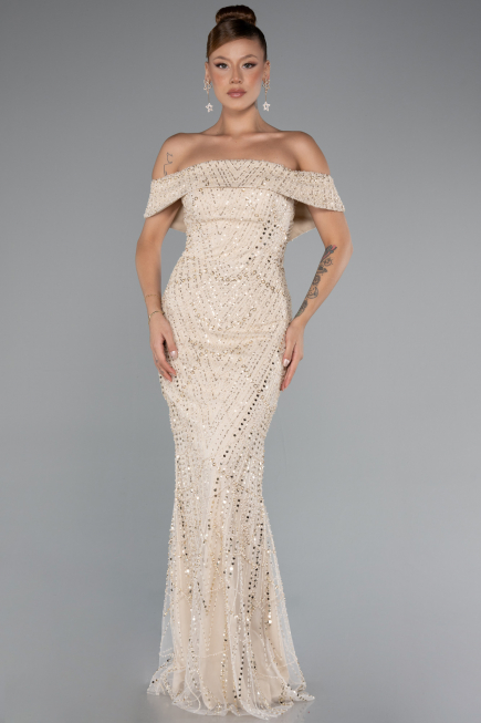 Long Beige Beaded Evening Dress ABU5137