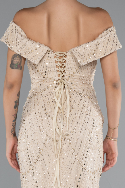 Long Beige Beaded Evening Dress ABU5137