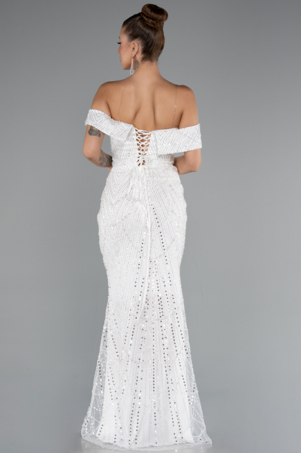 Long White Beaded Evening Dress ABU5137