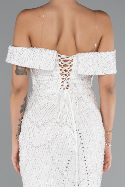 Long White Beaded Evening Dress ABU5137