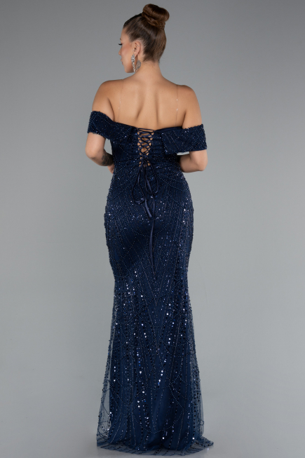 Long Navy Blue Beaded Evening Dress ABU5137