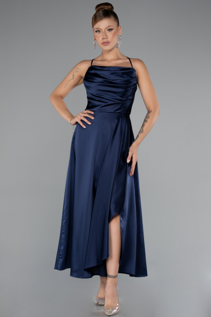 Midi Navy Blue Satin Invitation Dress ABK1586
