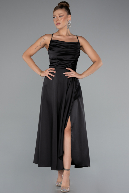 Midi Black Satin Invitation Dress ABK1586