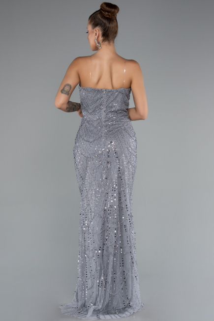Long Grey Beaded Evening Dress ABU5141