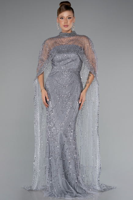 Long Grey Beaded Evening Dress ABU5141